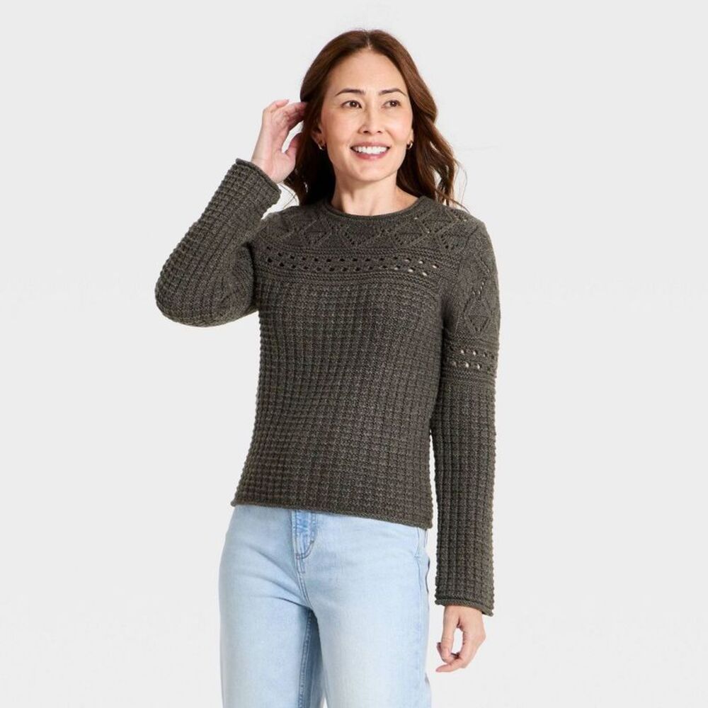 Women's Waffle Crewneck Pullover Sweater - Universal Thread Dark Brown L